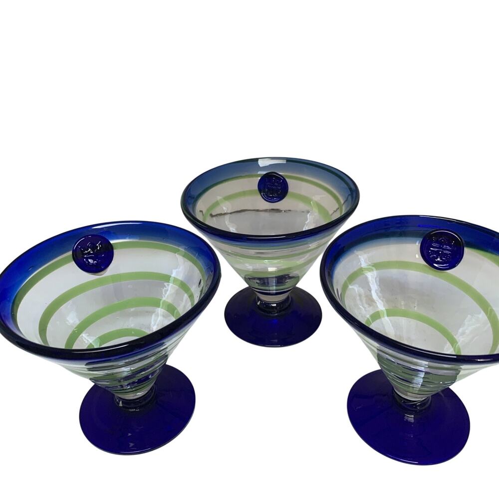 3 Kosta Boda Royal Caribbean Cruise Green Swirl Blue Rimmed Margarita Glasses - Picture 2 of 4